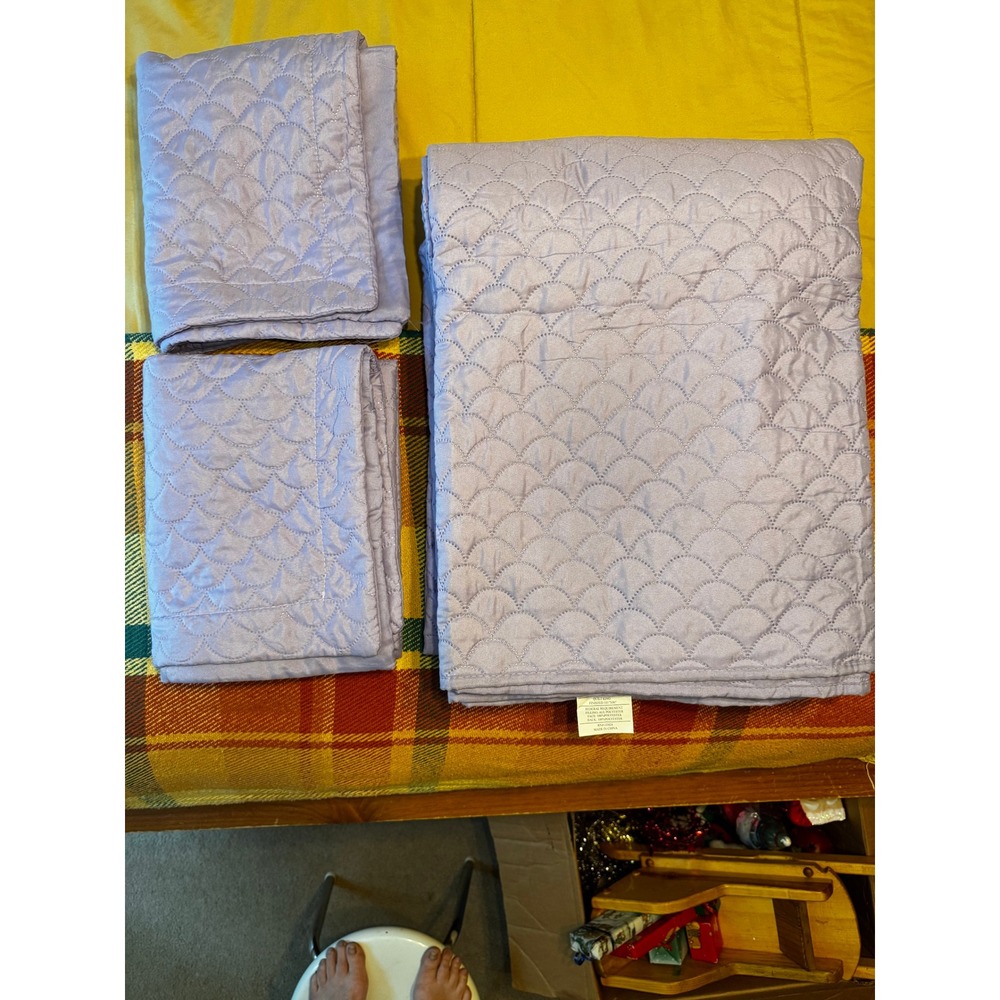 Lavender King Quilted Comforter Set 3 Piece Scalloped Stitch Lilac Bedding NWOT